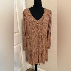 Tahari Brown Baby Doll Dress Long Sleeves w/ Fabric Covered Button Sz M Tiered